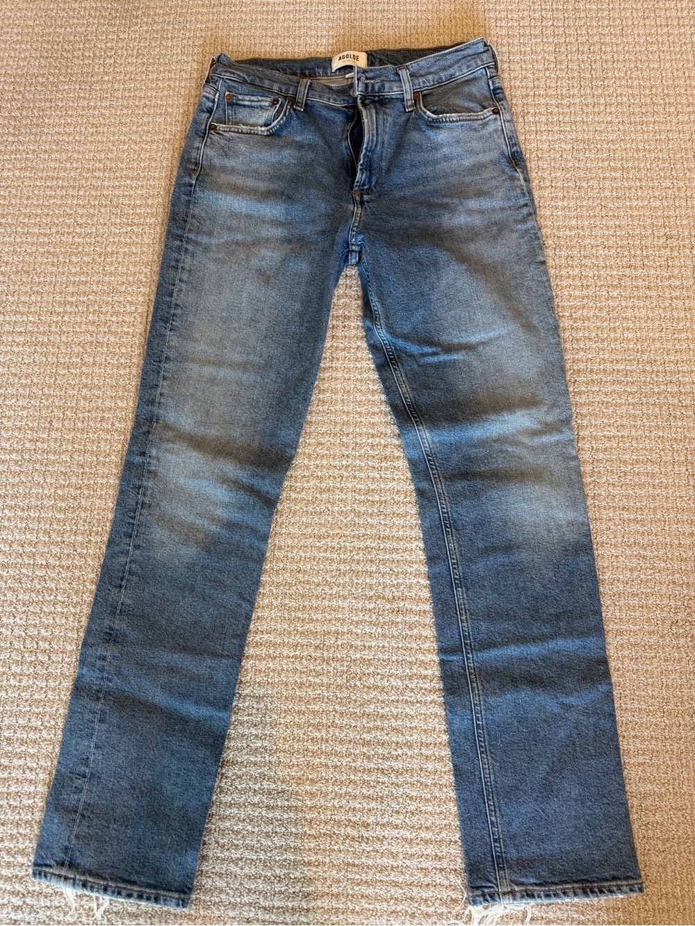 Agolde Women’s Blue Straight-Leg Mid-Rise Jeans with Distressed Details 28